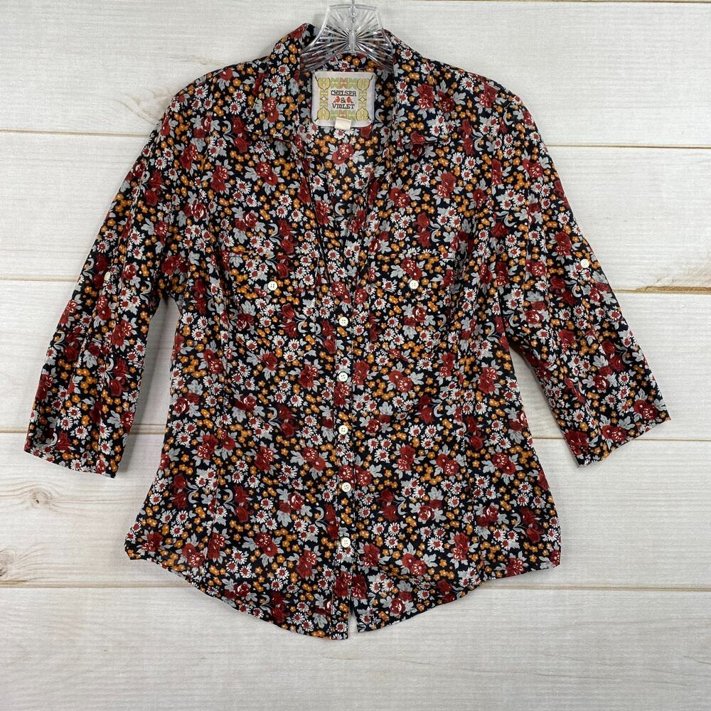 Chelsea & Violet Top Womens M Brown Floral Button Up 3/4 Sleeve Boho Prairie